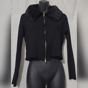Black Detachable Fur Collar Zip Front Ribbed Sweater Size M (7-9) No Boundaries